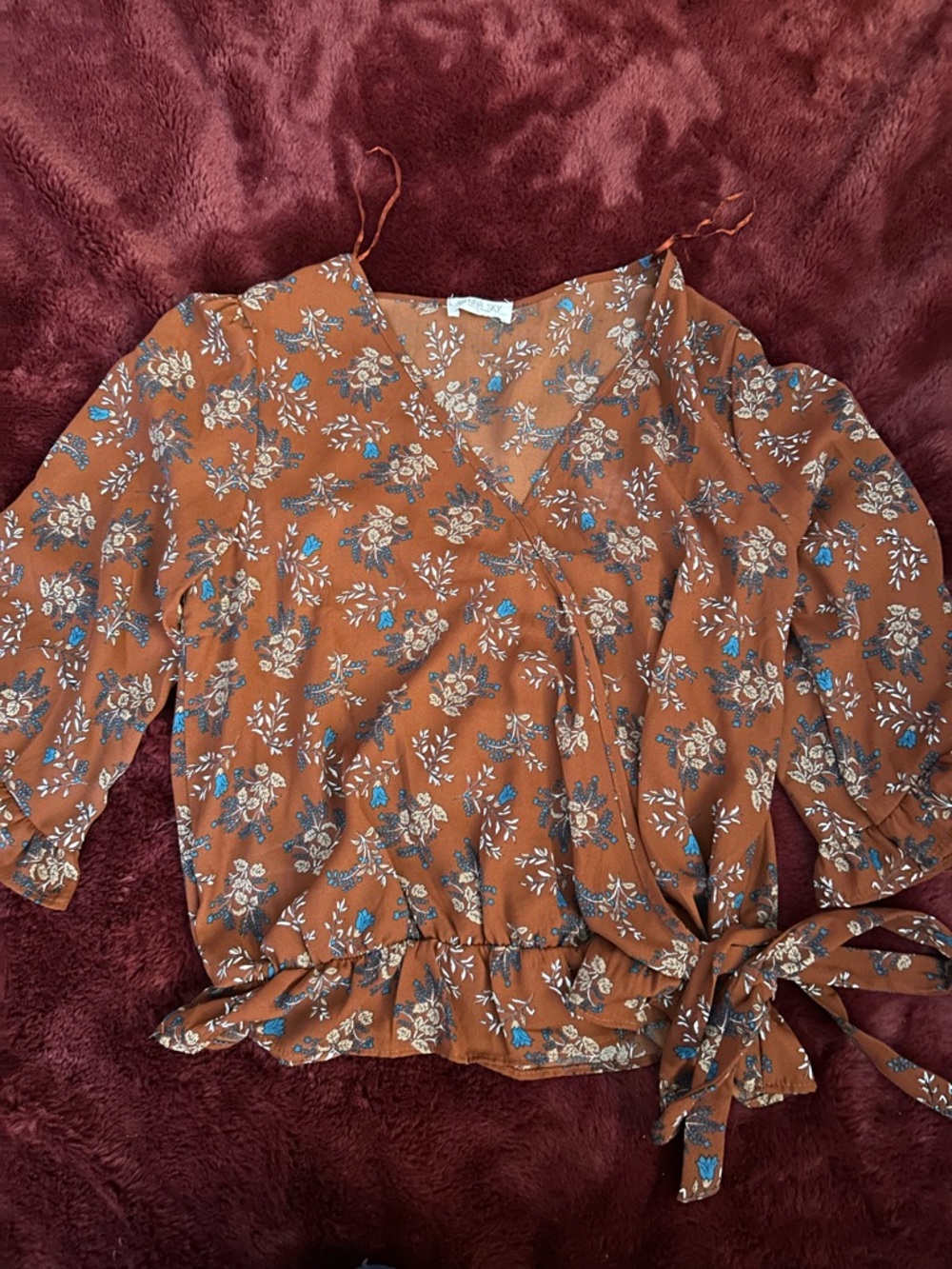 Sienna Sky Floral V-Neck Dress - Rust with Blue & Cream Flowers
